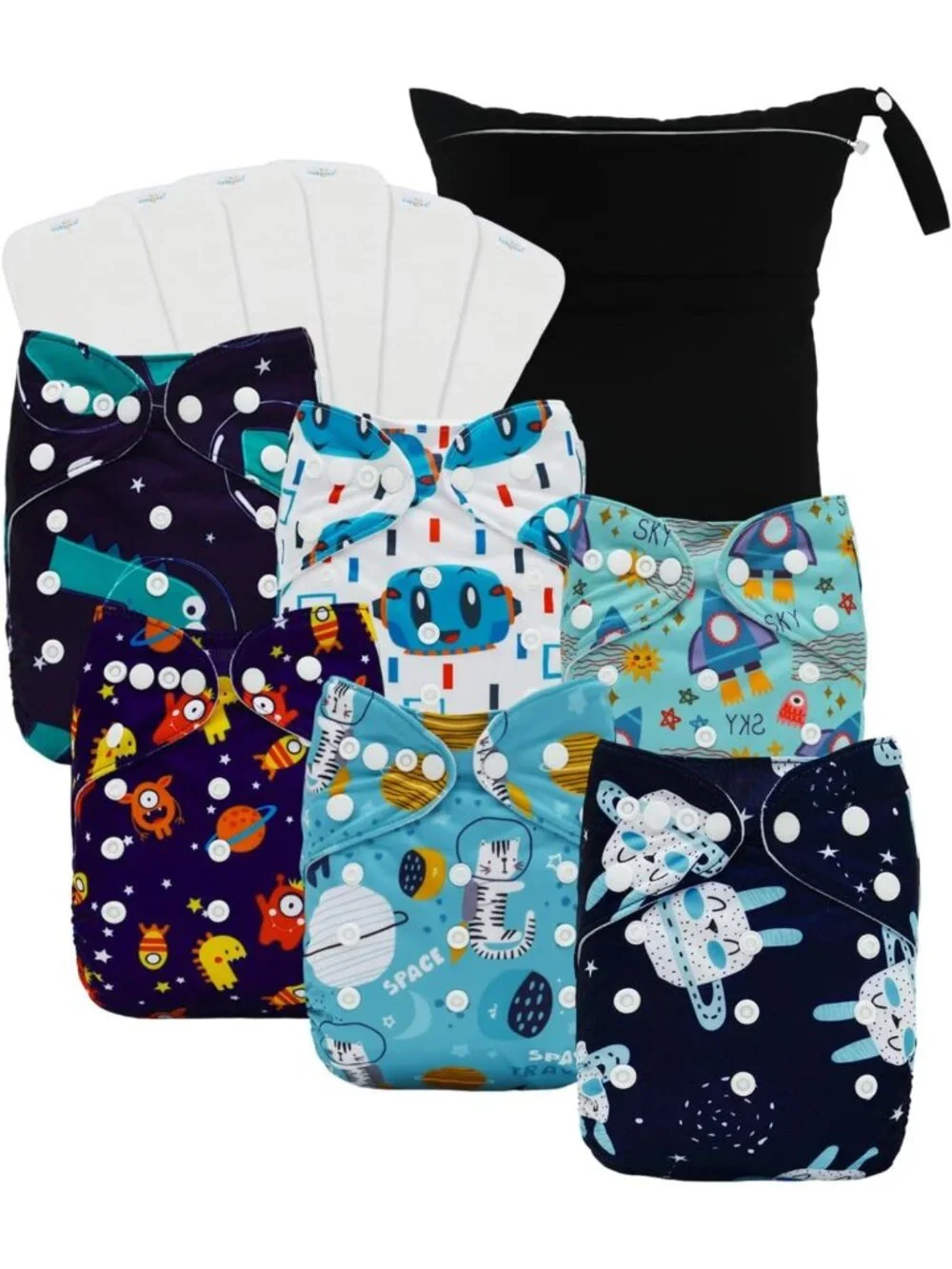 Reusable Dinosaur Cloth Diapers Set of 13 | Washable Pocket Nappies + Wet Bag